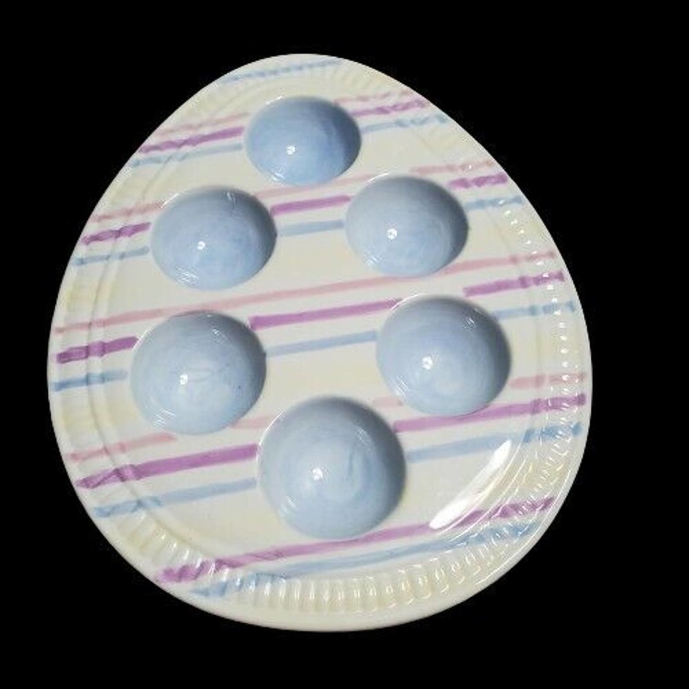 EGG PLATTER BY HAUSENWARE STRIPED PASTEL DESIGN HOLDS SIX EGGS
